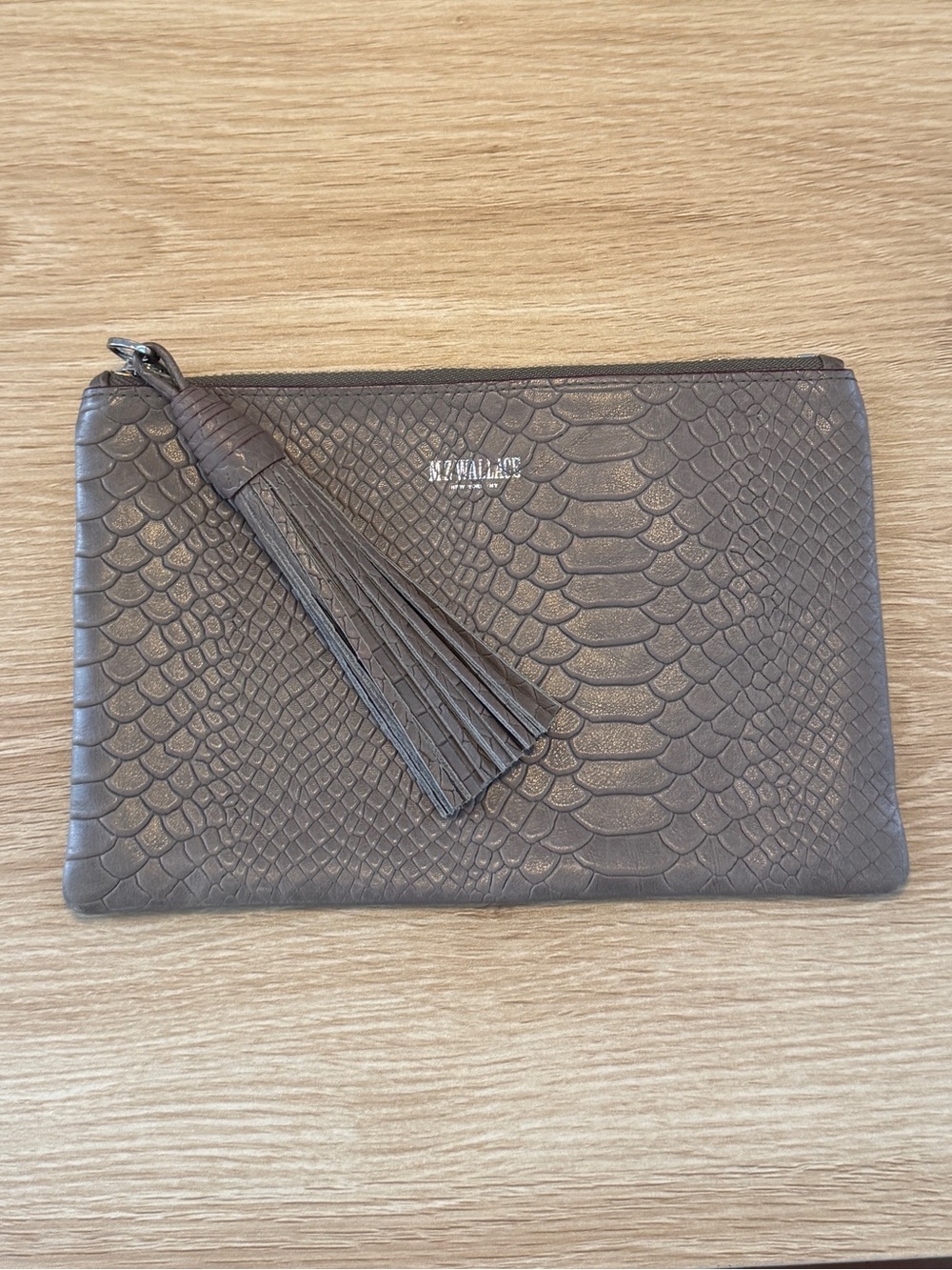 MZ Wallace Angus Snakeskin Embossed Leather Gray Tassel Pouch Clutch Bag 9 x 6